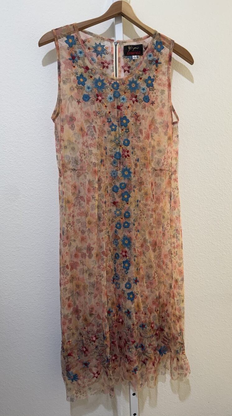 Johnny Was Biya Mesh Embroidered Floral Midi Dress Small Boho Sheer Festival
